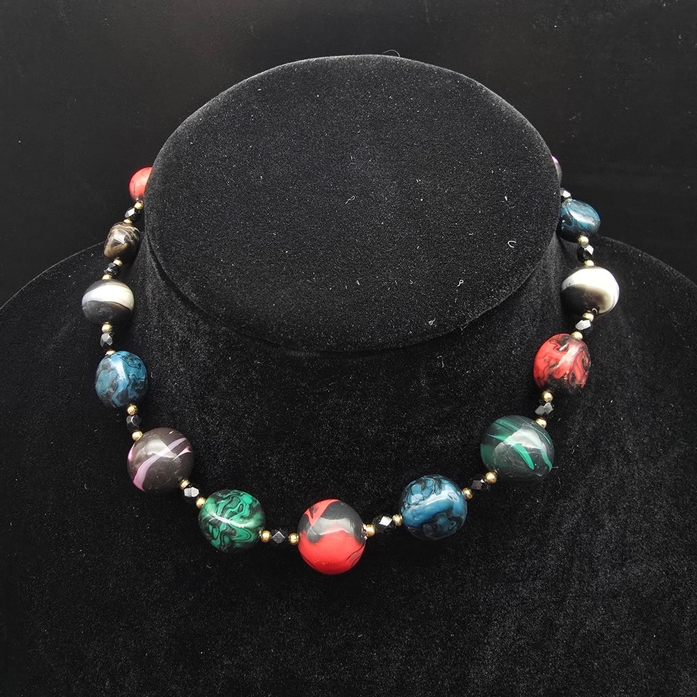 Colorful Black Marbled Acrylic Beaded Necklace Vintage Costume Jewelry